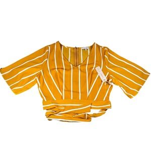 NWT Iris Basic Mustard Yellow White Striped Wrap Crop Top‎ V-Neck Size L